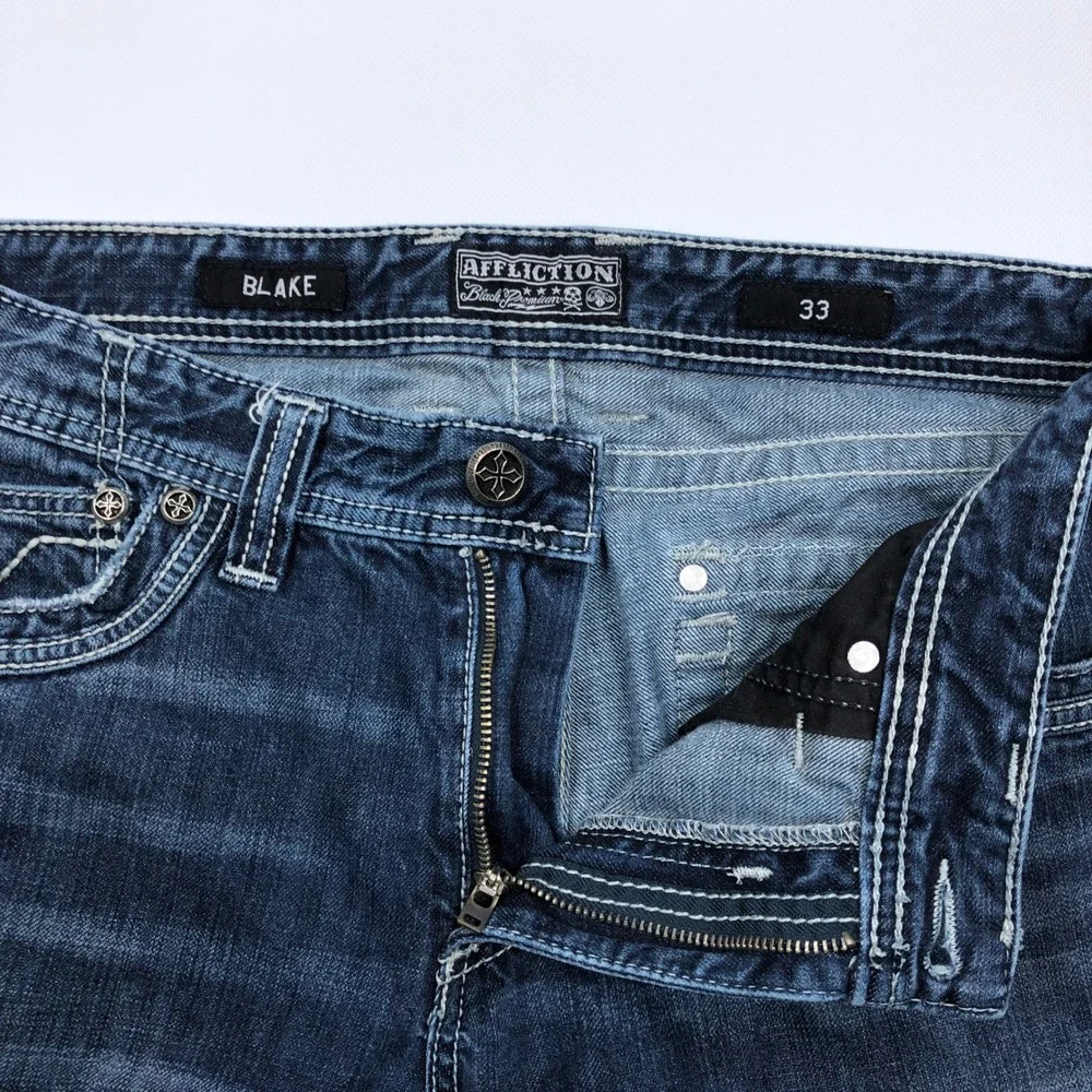 Affliction Premium Blake Jeans Mens 33 Medium Wash Straight Leg Embroidered **